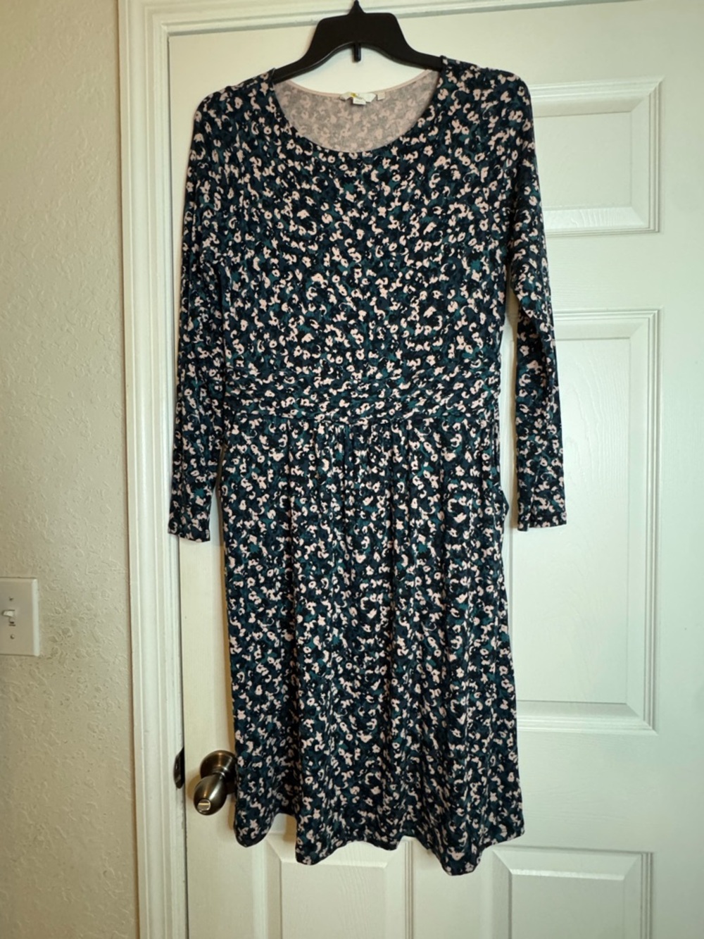 Boden Teal Long-Sleeve Midi Dress with Pink Floral Pattern